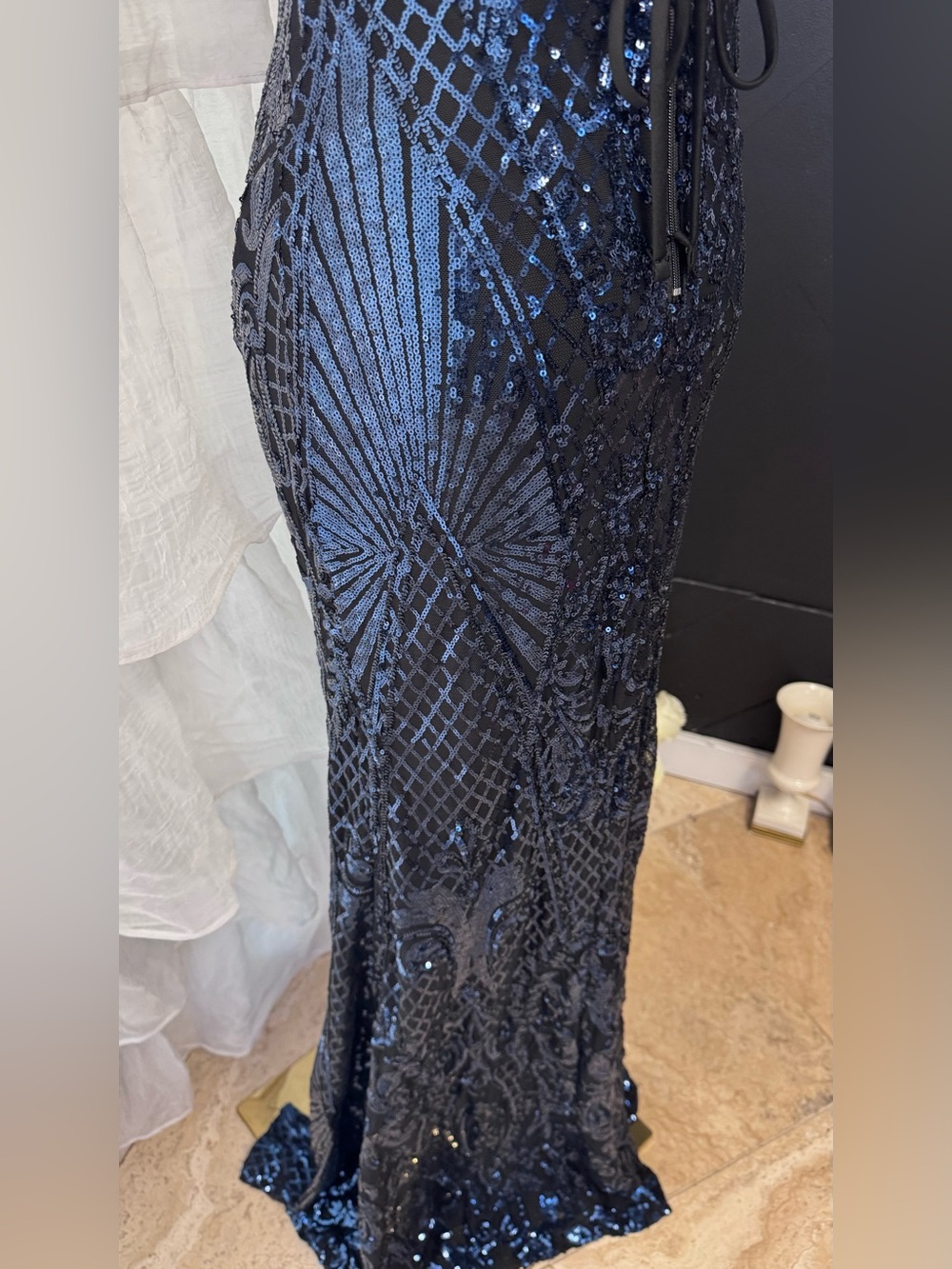 Windsor Navy Sequin Halter Gown with Thigh Slit - Picture 3 of 16